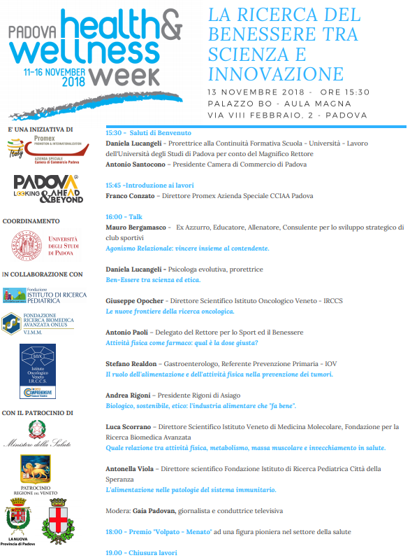 Talk |La ricerca del benessere tra scienza e innovazione. (Padova, 13 novembre 2018) |